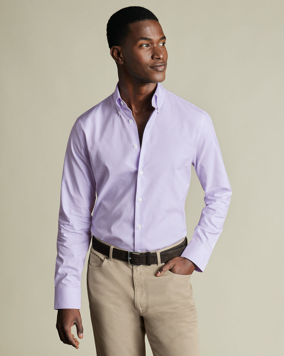 Button-Down Non-Iron Oxford Stripe Slim Fit Shirt - Lilac Purple