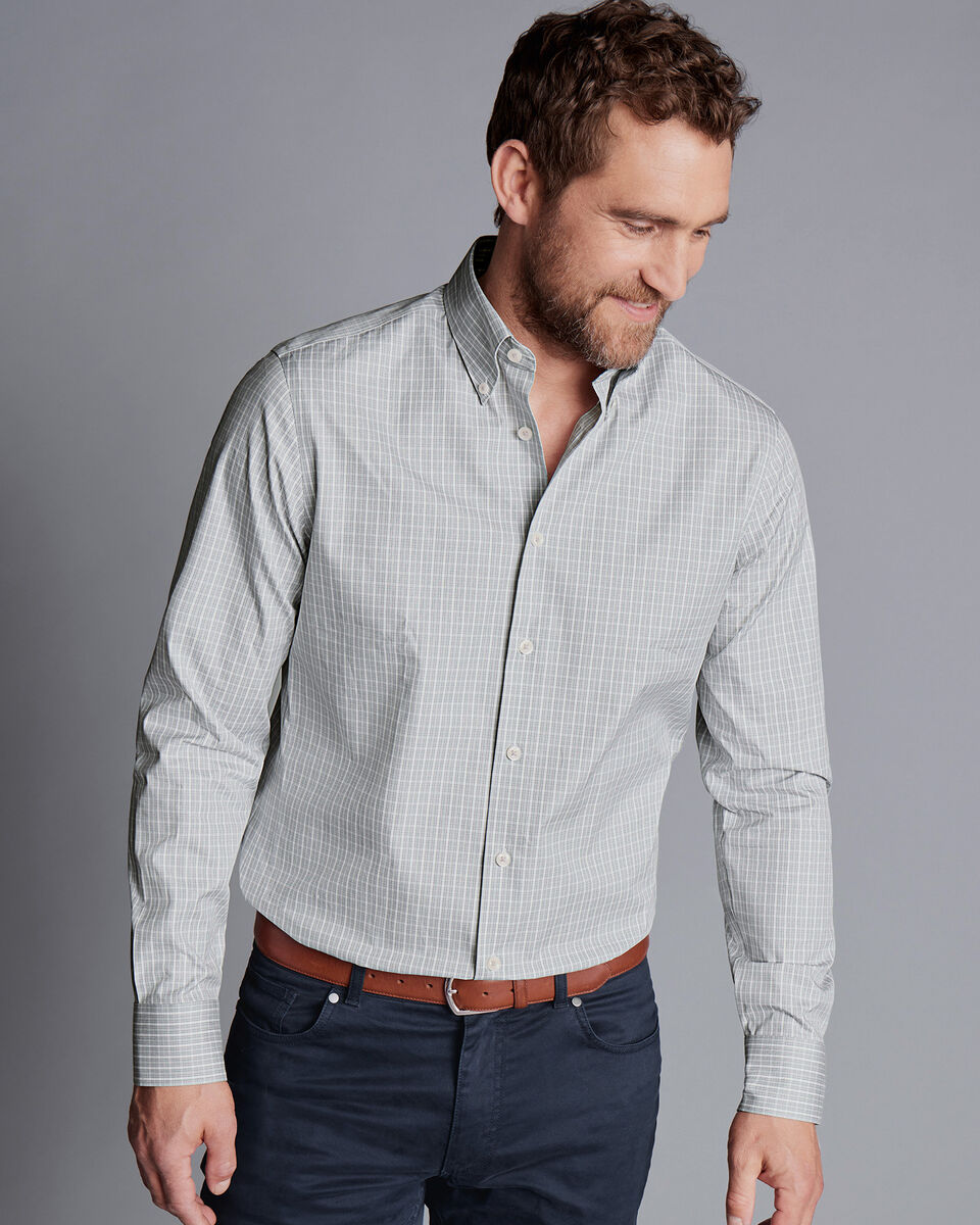Button-Down Collar Non-Iron Windowpane Check Shirt - Sliver Grey