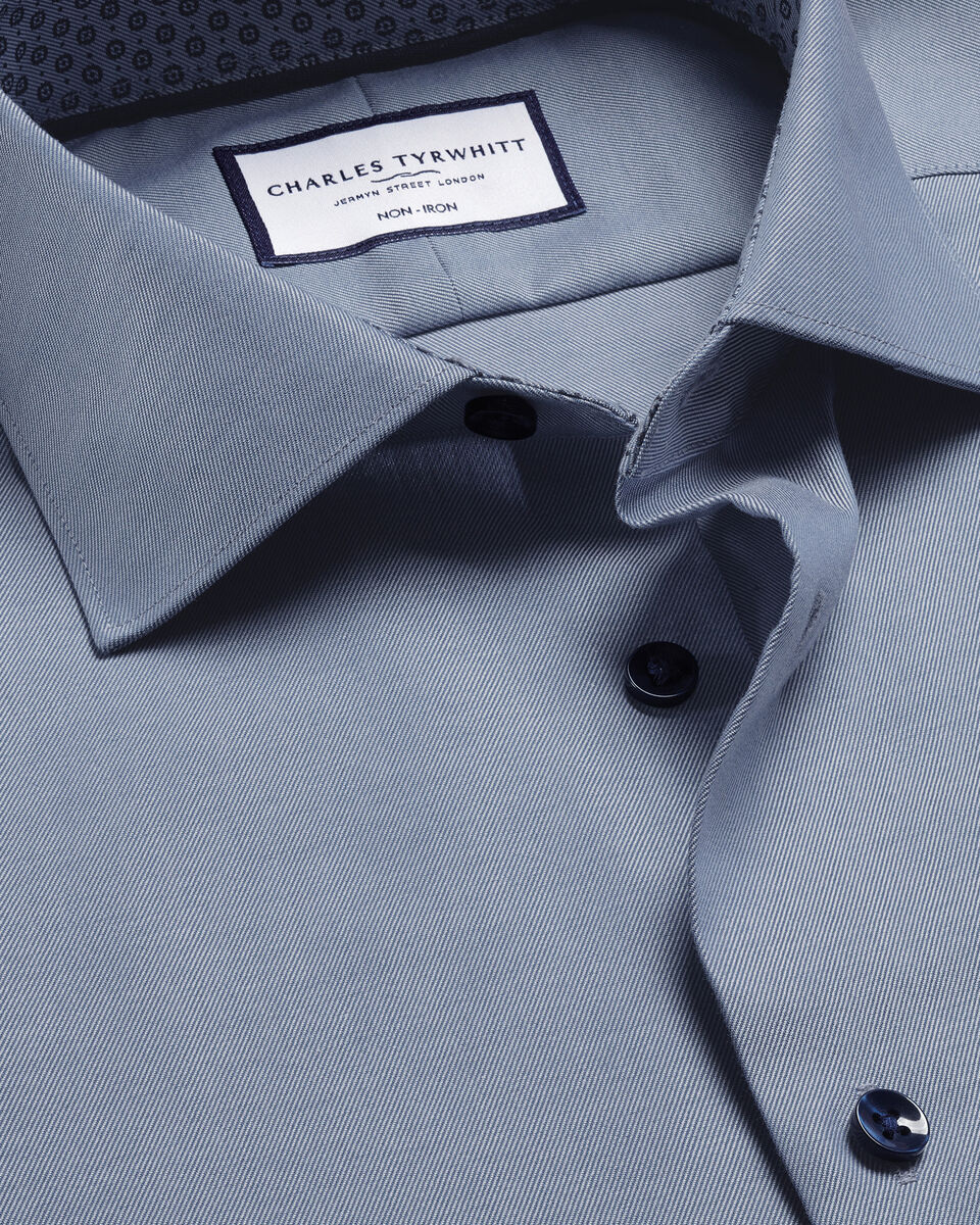 Semi-Cutaway Collar Non-Iron Twill Classic Fit Shirt with Printed Trim - Steel Blue