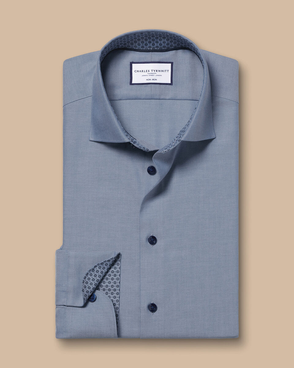 Semi-Cutaway Collar Non-Iron Twill Classic Fit Shirt with Printed Trim - Steel Blue