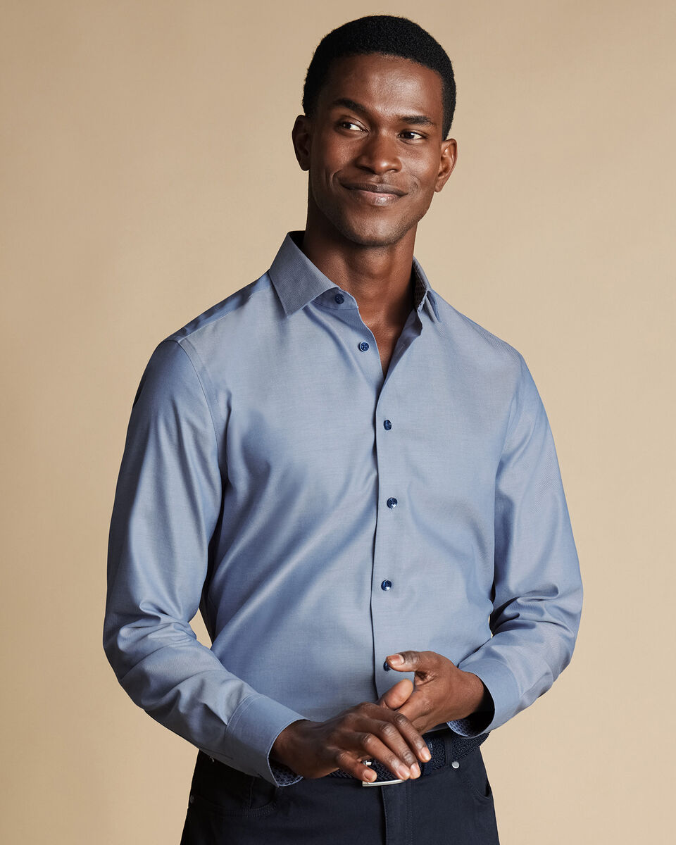 Semi-Cutaway Collar Non-Iron Twill Classic Fit Shirt with Printed Trim - Steel Blue