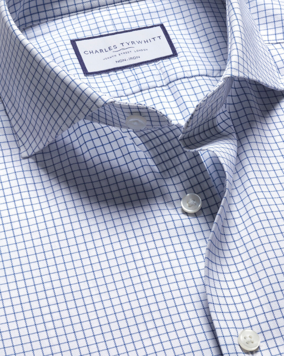 Non-Iron Performance Twill Fine Check Slim Fit Shirt - Ocean Blue