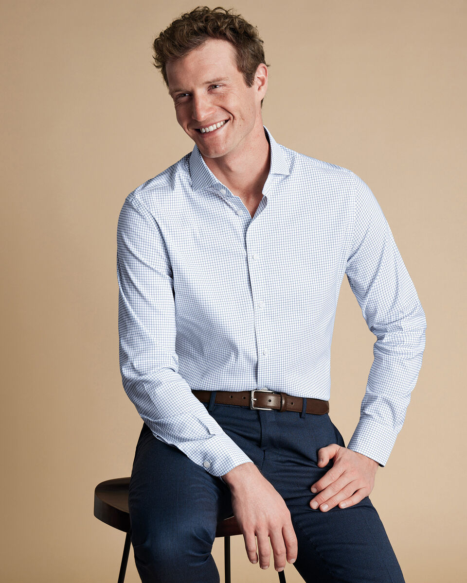 Non-Iron Performance Twill Fine Check Slim Fit Shirt - Ocean Blue