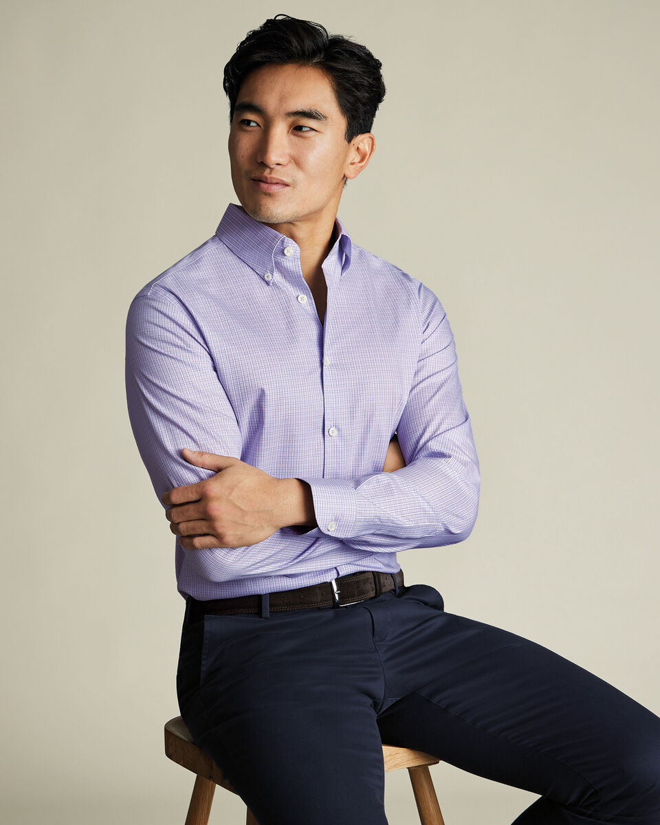 Button-Down Non-Iron Oxford Check Slim Fit Shirt - Lilac