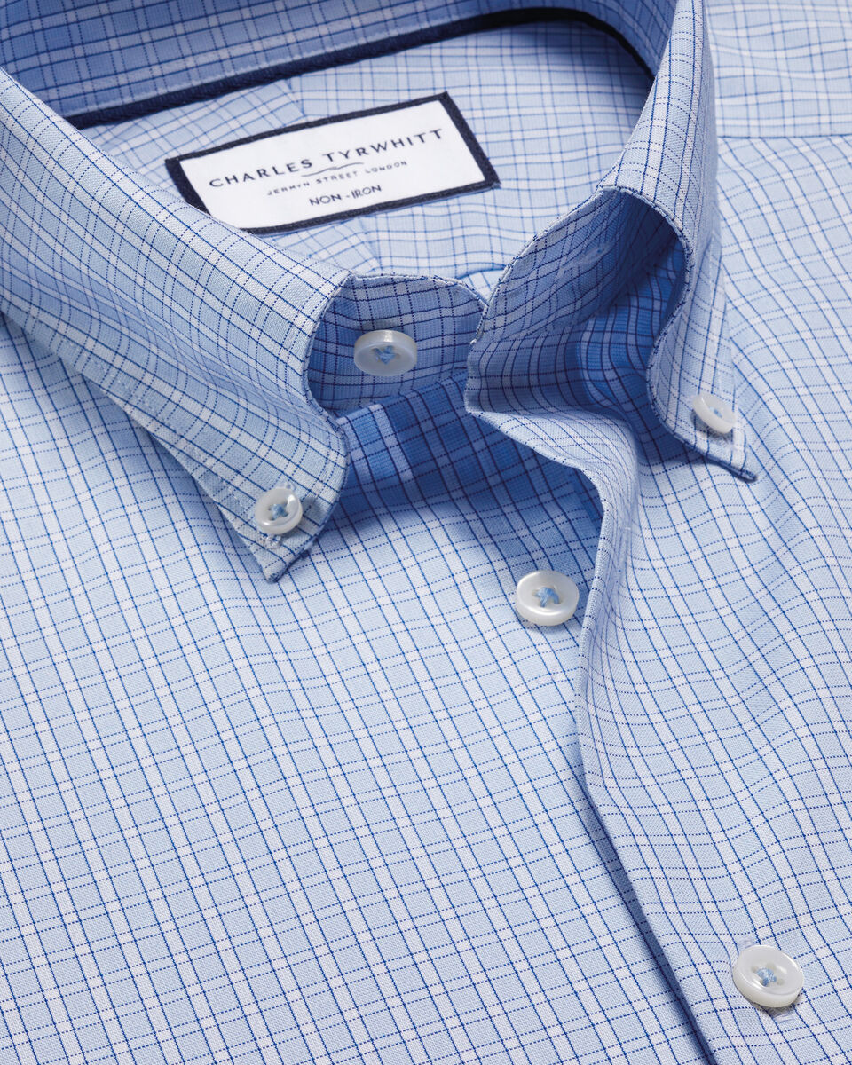 Button-Down Non-Iron Oxford Check Slim Fit Shirt - Sky Blue