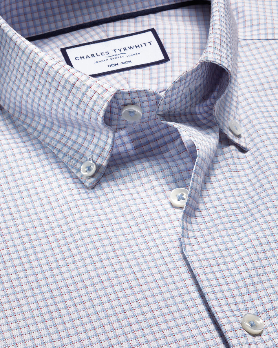 Button-Down Non-Iron Oxford Check slim Fit Shirt - Blue & Red