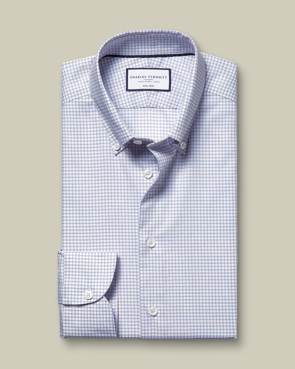 Button-Down Non-Iron Oxford Check slim Fit Shirt - Blue & Red