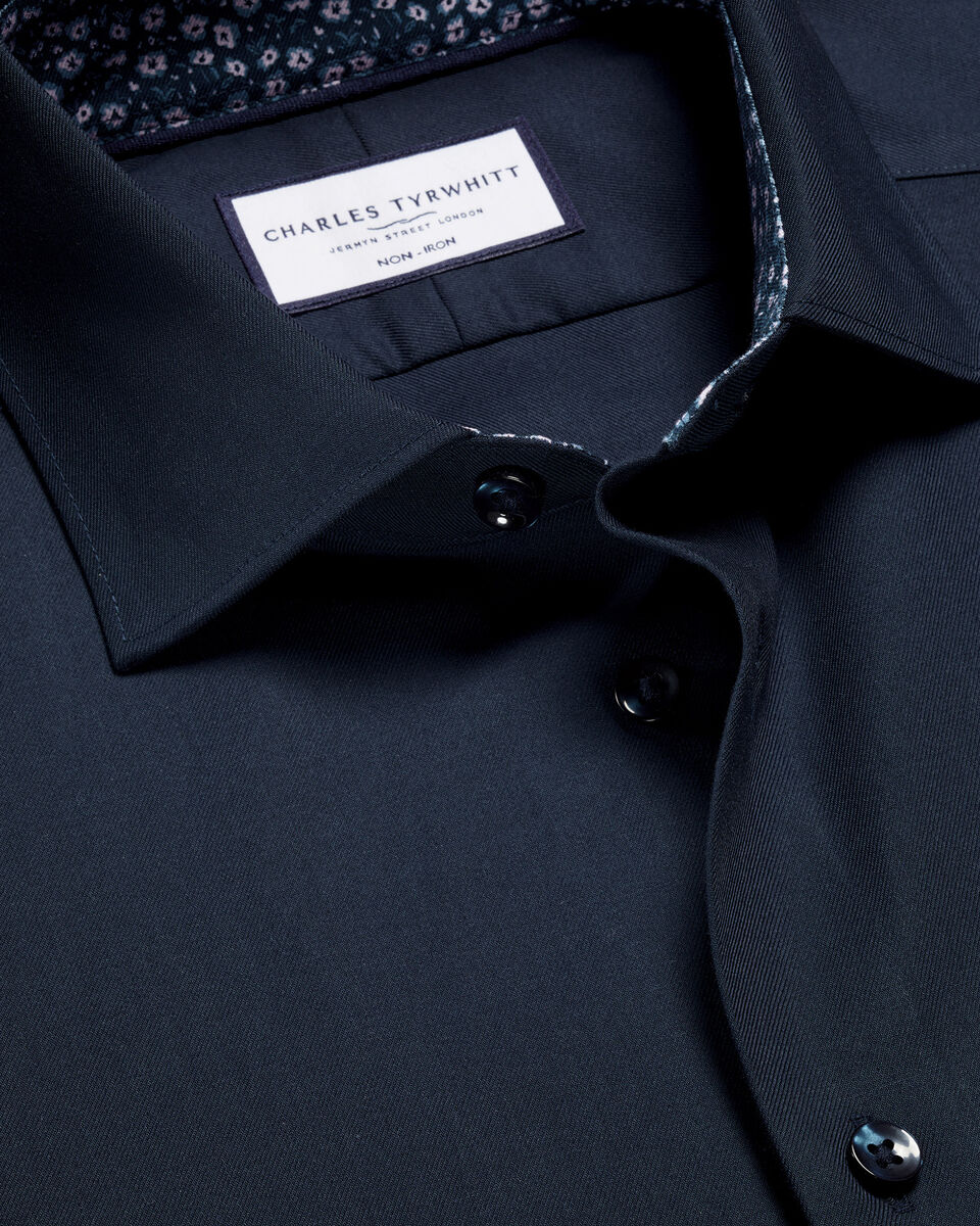 Non-Iron Stretch Printed Trim Slim Fit Shirt - Navy