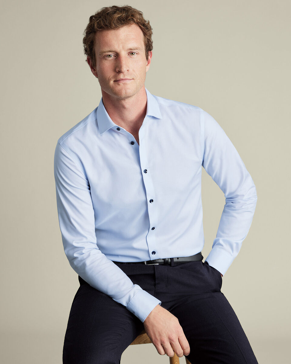 Non-Iron Stretch Printed Trim Slim Fit Shirt - Sky Blue
