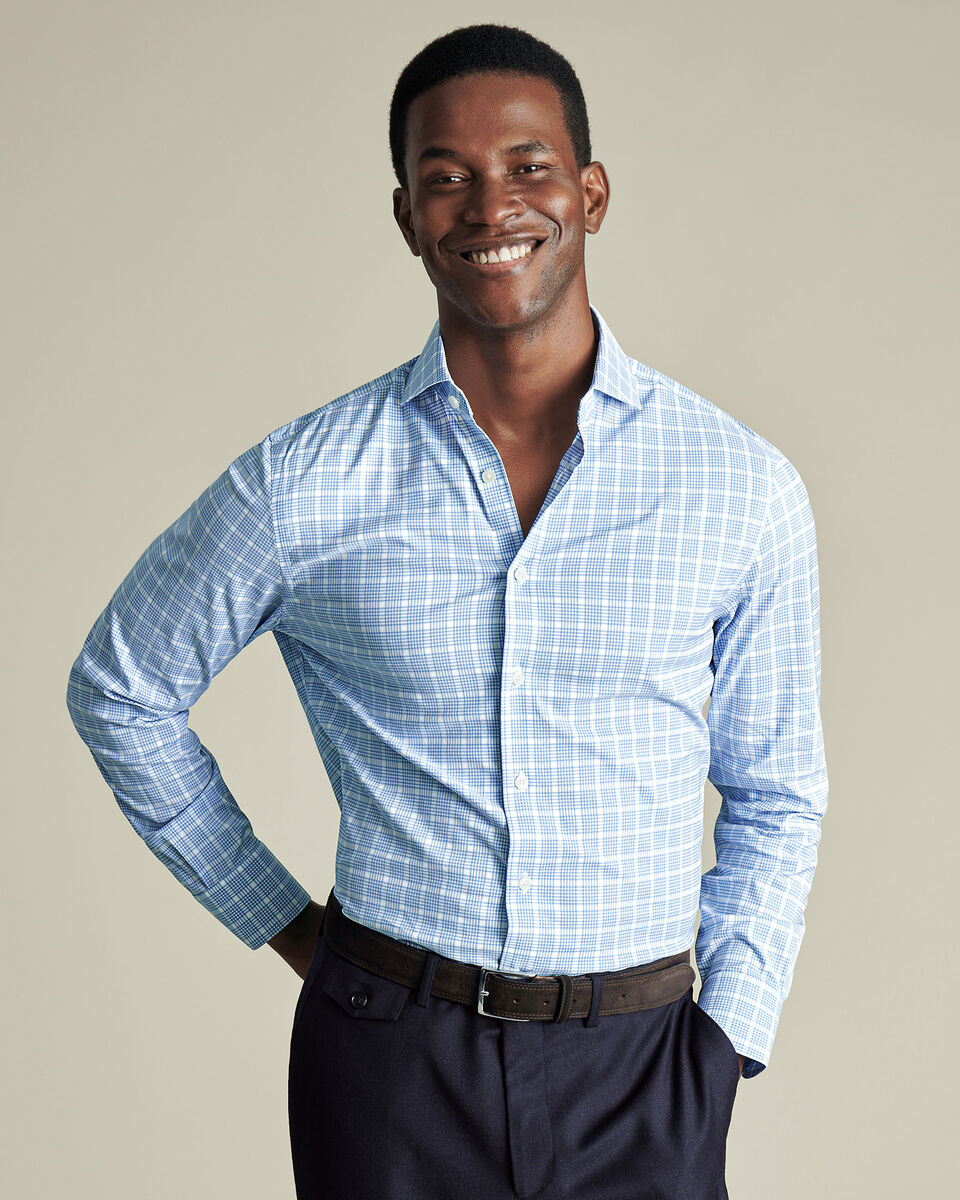 Non-Iron Performance Twill Check Classic Fit Shirt- Cornflower Blue