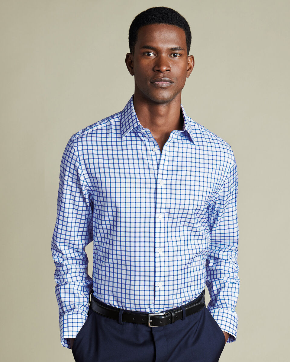 Non-Iron Twill Grid Check Classic Fit Shirt - Cobalt Blue