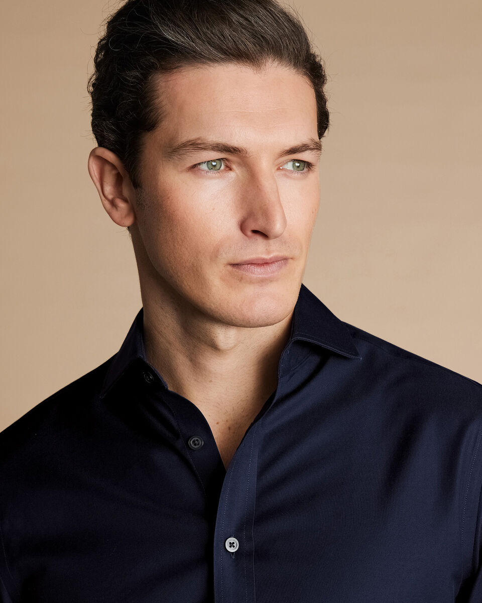 Slim Fit Cutaway Collar Non-Iron Twill Double Cuff Shirt - Navy