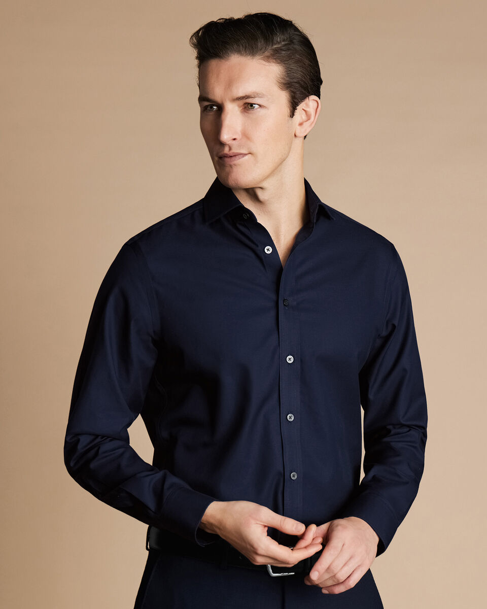 Slim Fit Cutaway Collar Non-Iron Twill Double Cuff Shirt - Navy