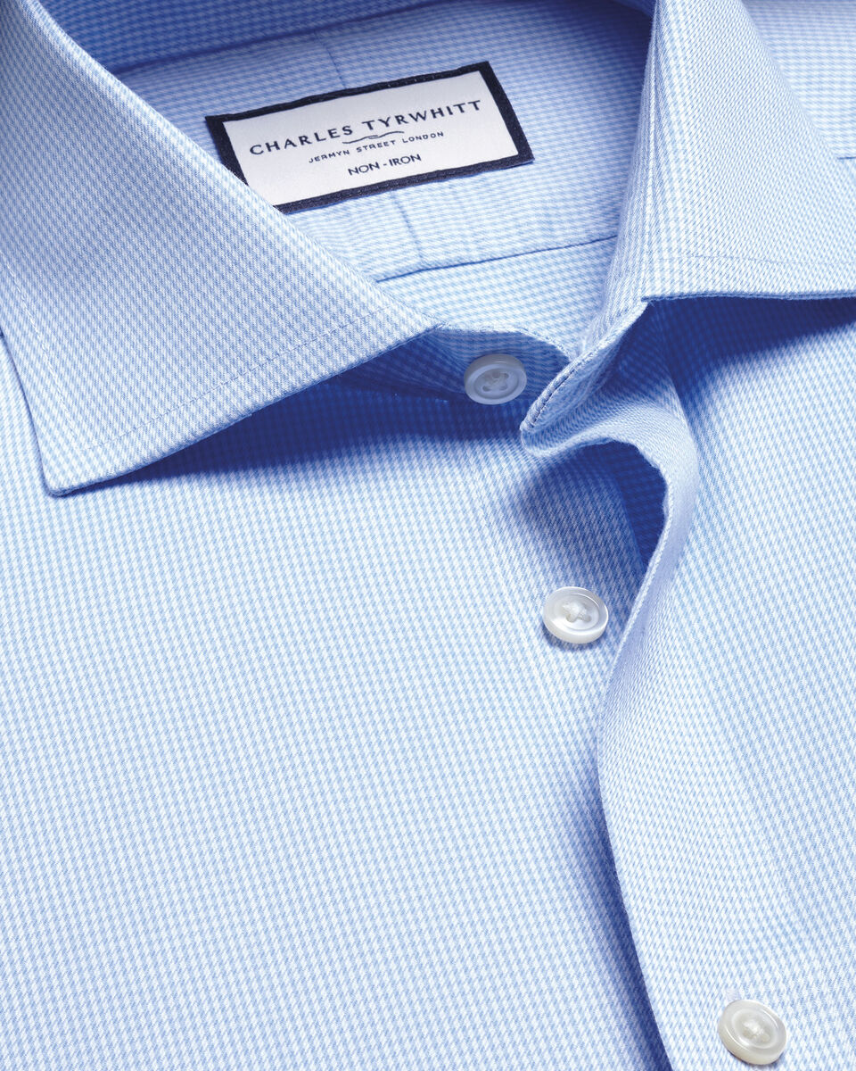 Double Cuff Cutaway Collar Non-Iron Puppytooth Slim Fit Shirt - Sky Blue