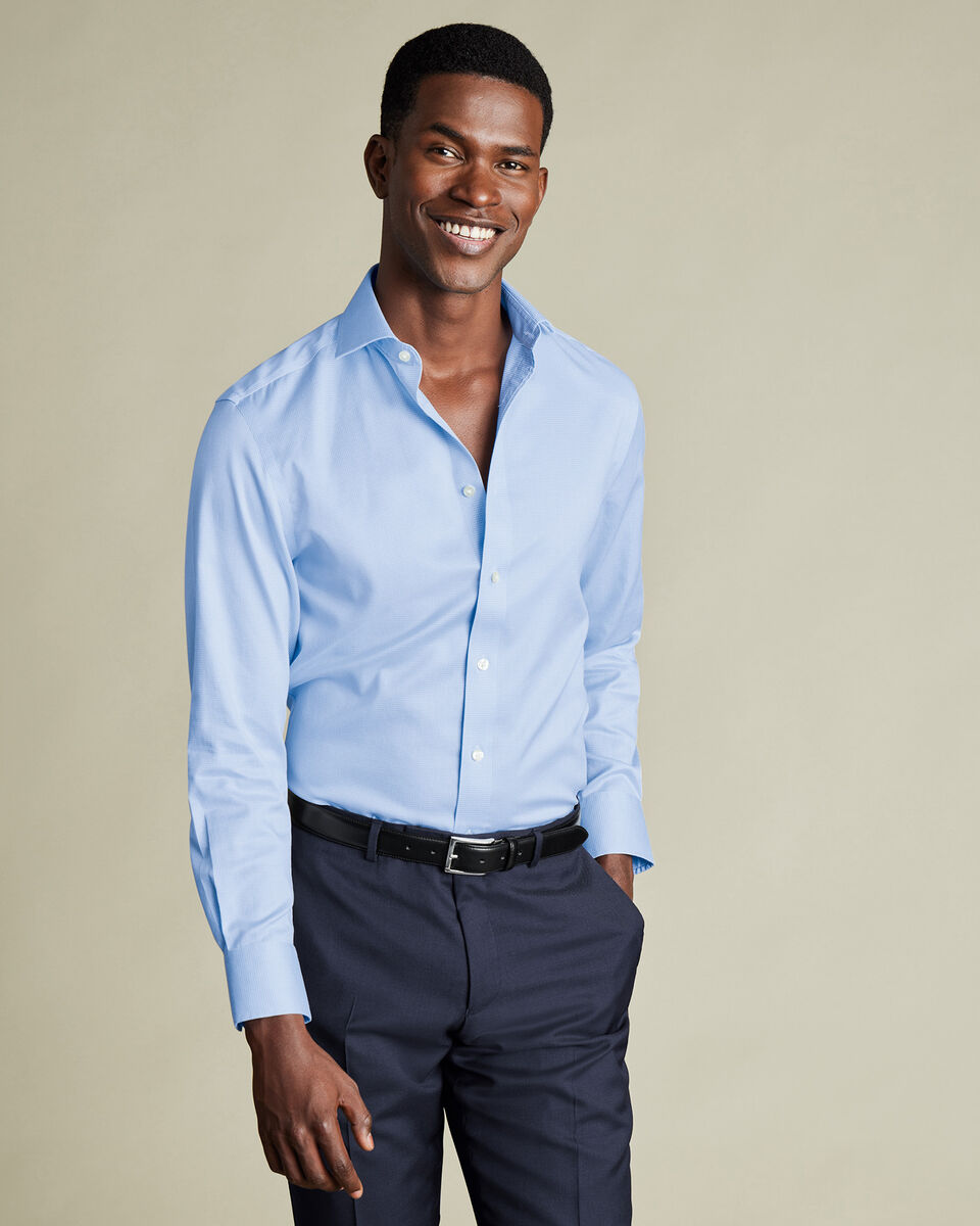Double Cuff Cutaway Collar Non-Iron Puppytooth Slim Fit Shirt - Sky Blue