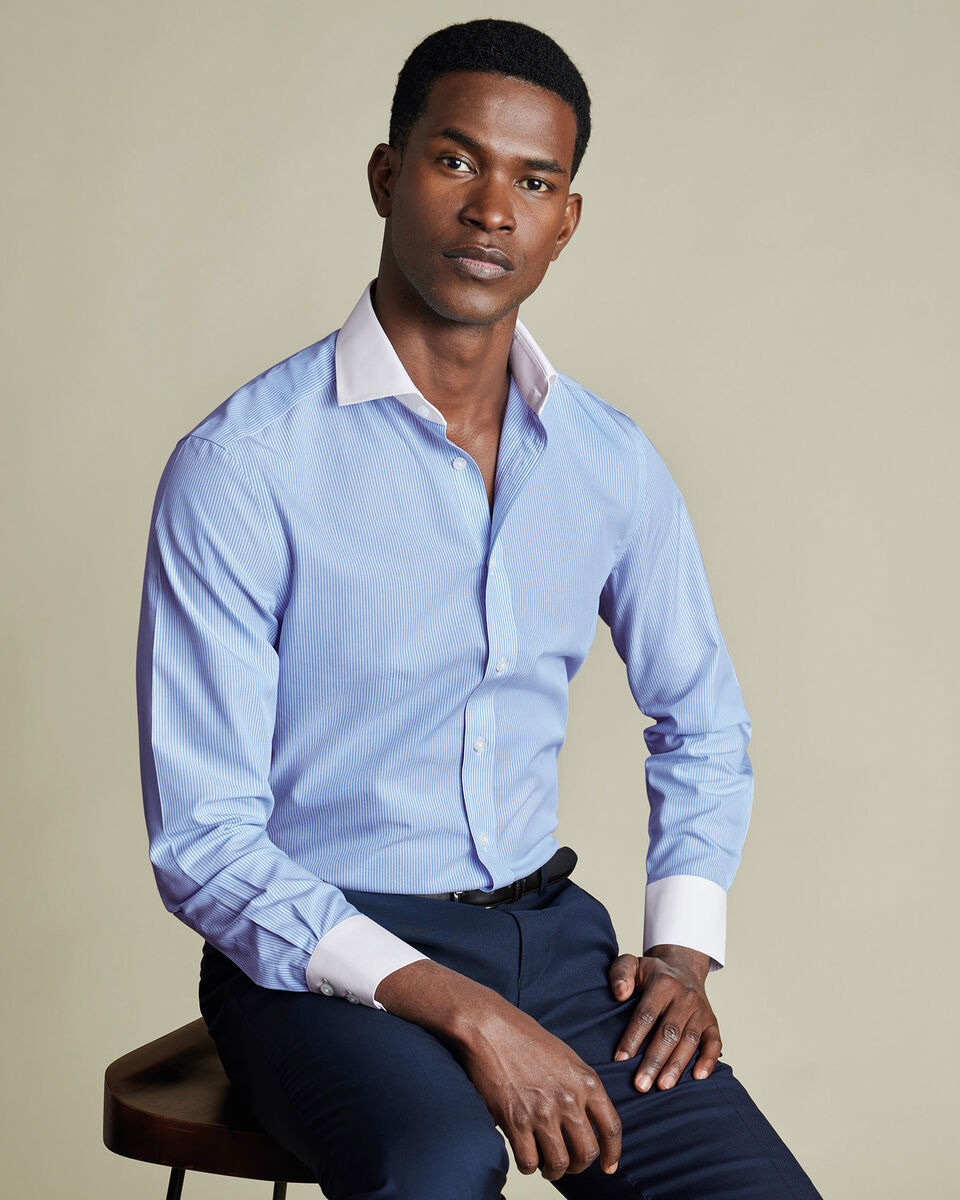 Cutaway Collar Non-Iron Poplin Stripe Winchester Shirt - Sky