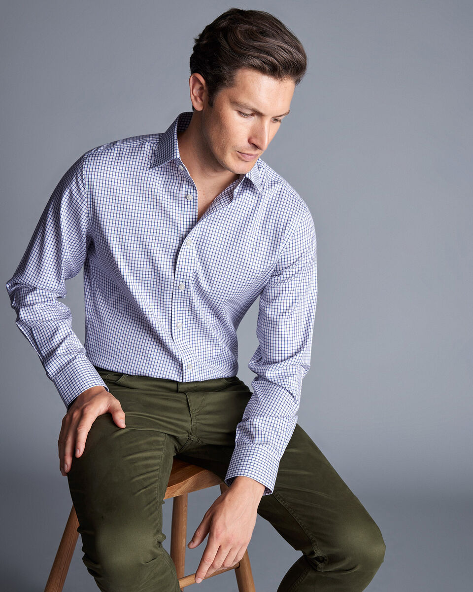 Non-Iron Two Colour Check Extra Slim Fit Shirt - Indigo Blue