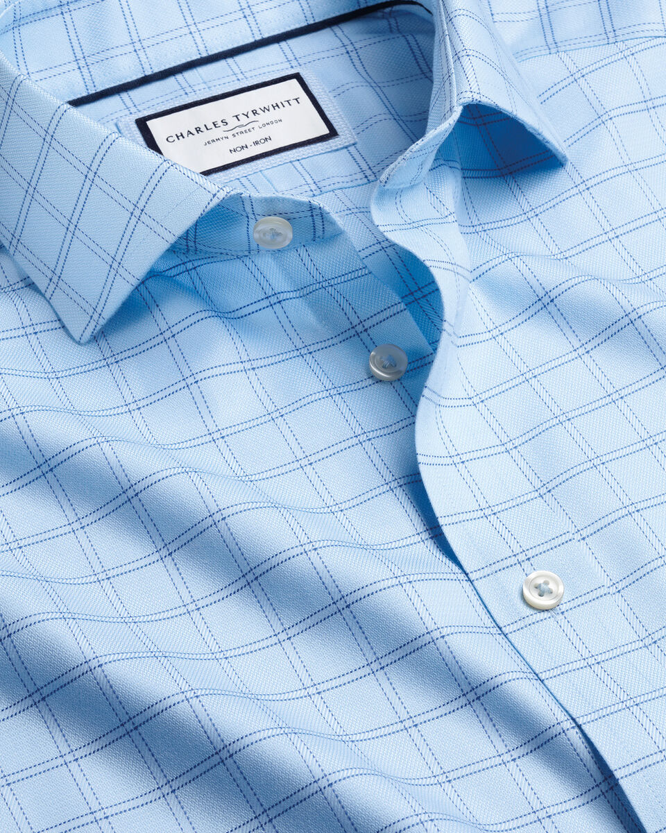 Double Cuff Slim Fit Cutaway Collar Non-Iron Mayfair Weave Check Shirt - Sky Blue