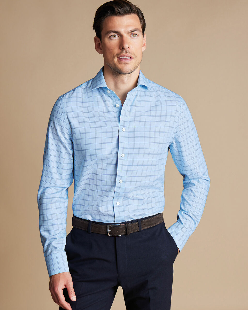 Double Cuff Extra Slim Fit Cutaway Collar Non-Iron Mayfair Weave Check Shirt - Sky Blue