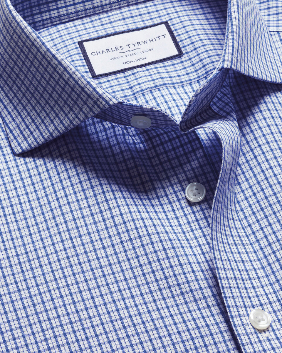 Cutaway Collar Non-Iron Poplin Grid Check Slim Fit Shirt - Cobalt Blue