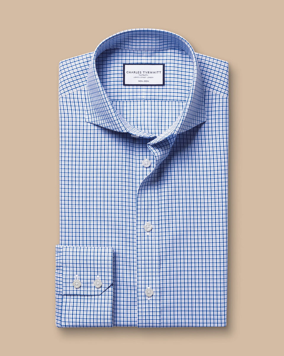 Cutaway Collar Non-Iron Poplin Grid Check Slim Fit Shirt - Cobalt Blue
