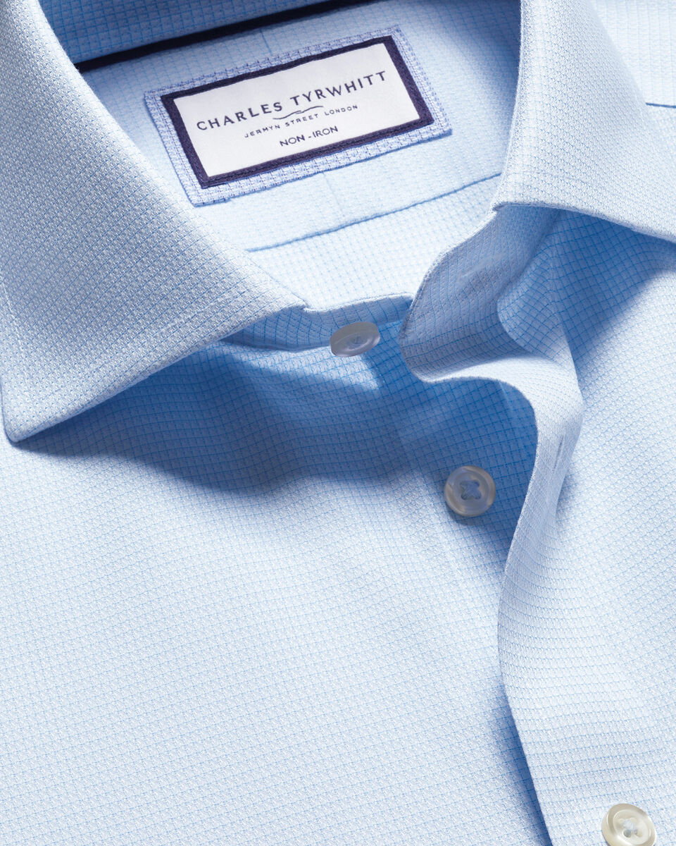 Cutaway Collar Non-Iron Stretch Kensington Weave Double Cuff Slim Fit Shirt - Light Blue