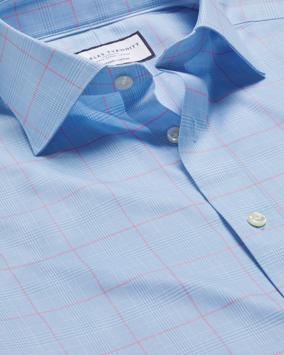 Classic Fit Semi-Cutaway Collar Egyptian Cotton Prince Of Wales Check Shirt - Sky Blue