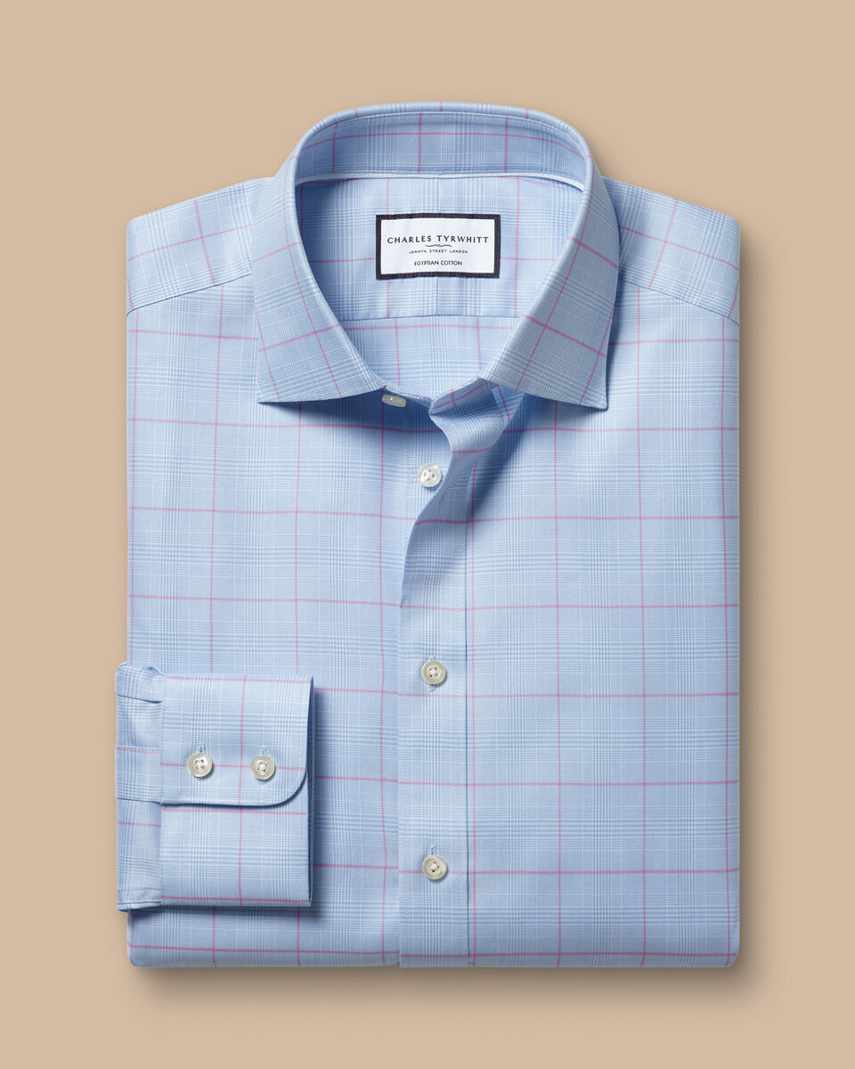 Classic Fit Semi-Cutaway Collar Egyptian Cotton Prince Of Wales Check Shirt - Sky Blue