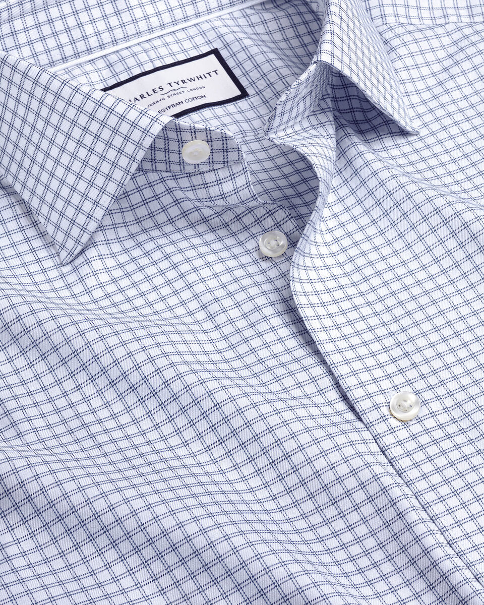 Semi-Cutaway Collar Egyptian Cotton Twin Check Slim Fit Shirt - Royal Blue