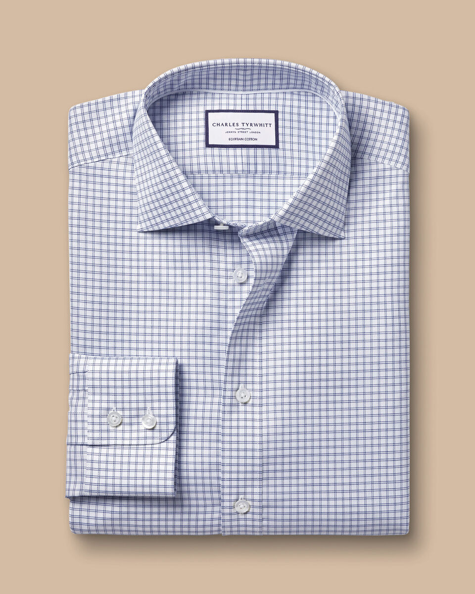 Semi-Cutaway Collar Egyptian Cotton Twin Check Slim Fit Shirt - Royal Blue
