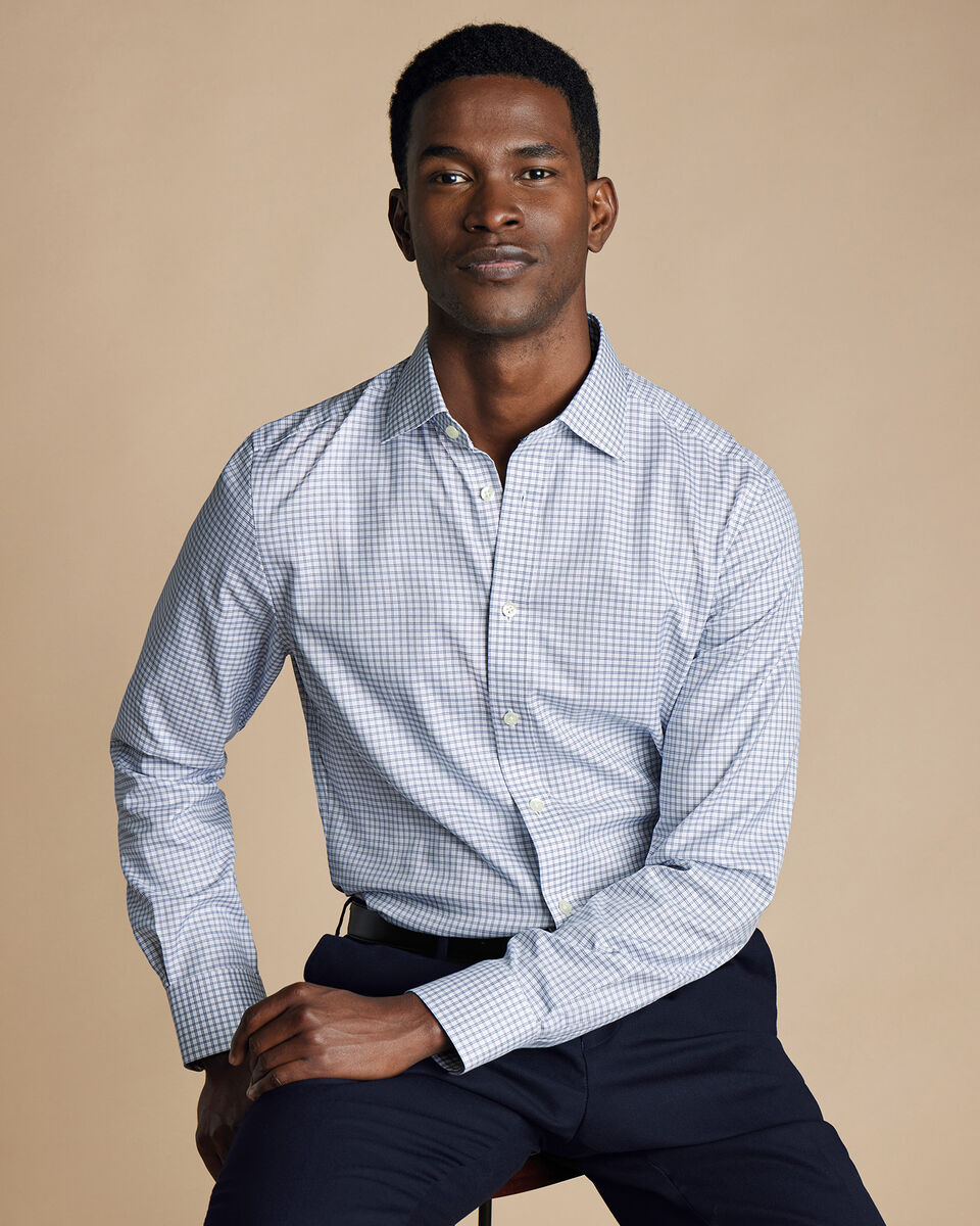 Semi-Cutaway Collar Egyptian Cotton Twin Check Slim Fit Shirt - Royal Blue
