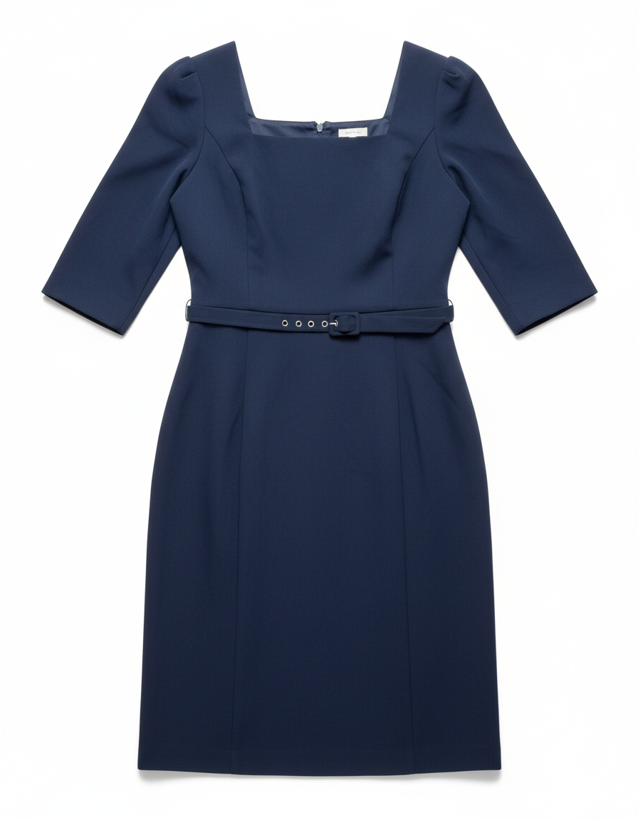 Square Neck Belted Midi Dress Navy