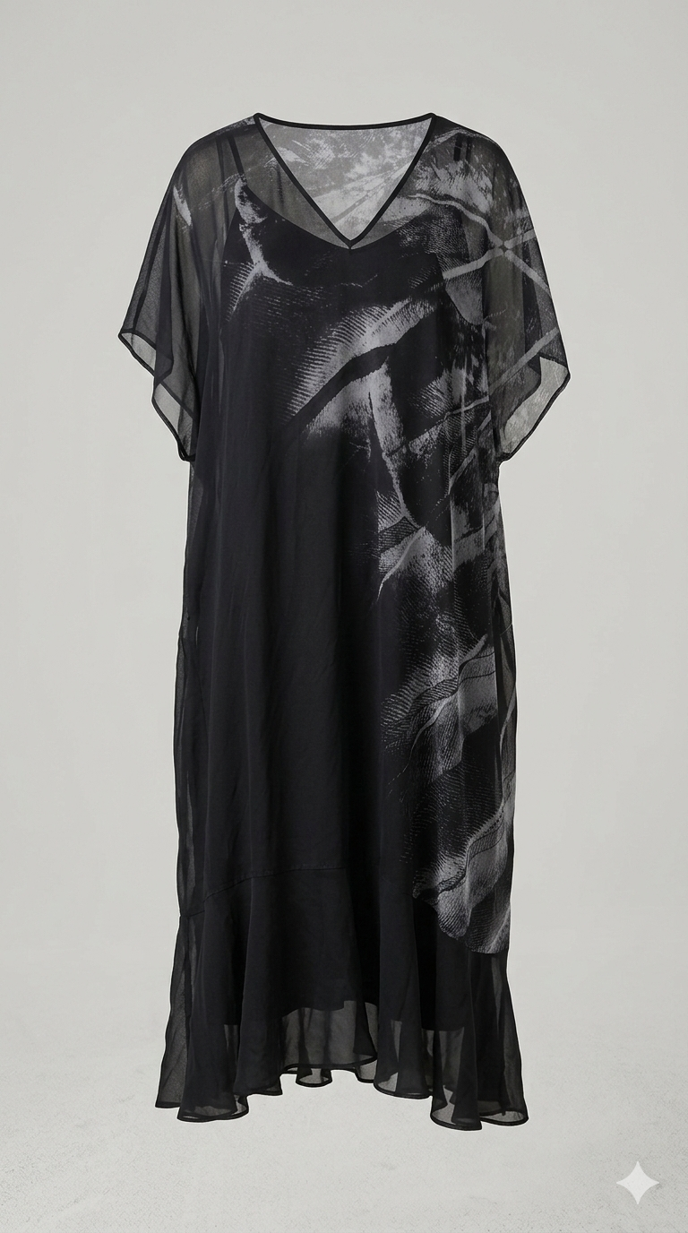 Chiffon Black Print Midi Dress