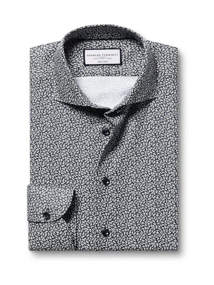 Non-Iron Stretch Leaf Print Extra Slim Fit Shirt - Ink Blue