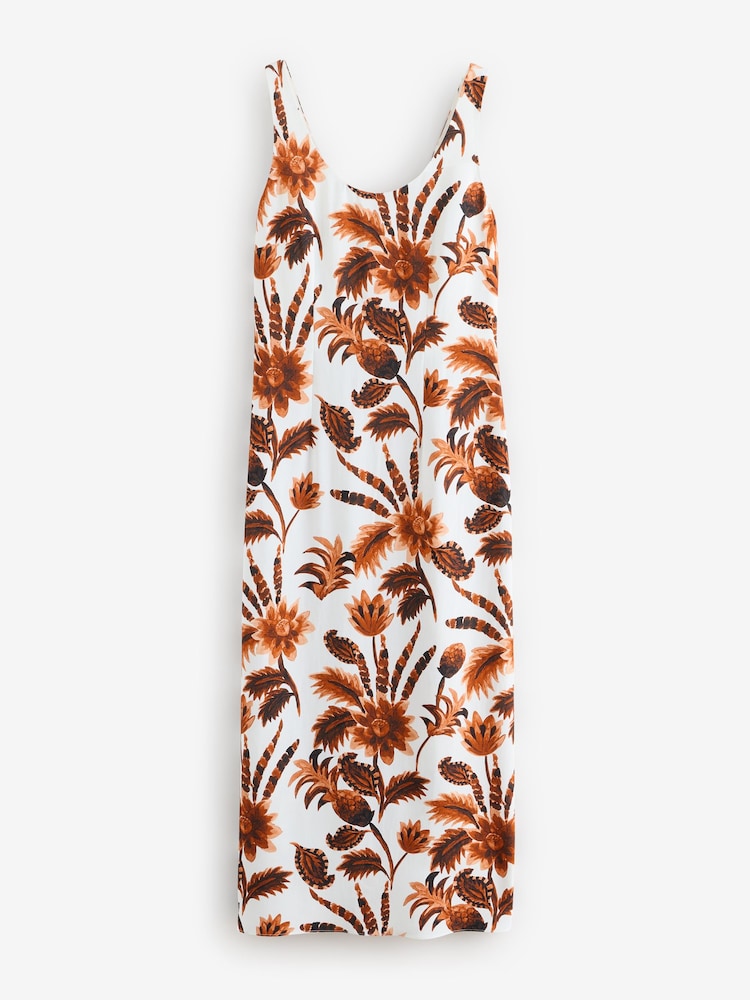 Brown Petite Trophical Floral Print Linen Blend Dress