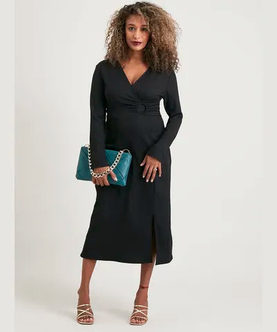 Black Crinkle Ring Wrap Dress