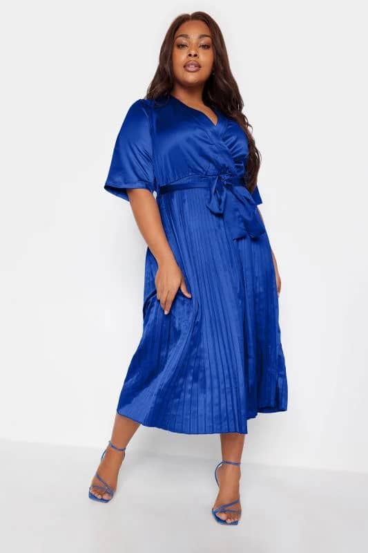 Curve Blue Satin Pleated Wrap Dress