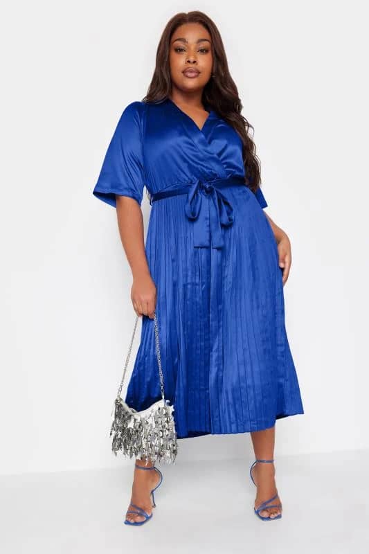 Curve Blue Satin Pleated Wrap Dress