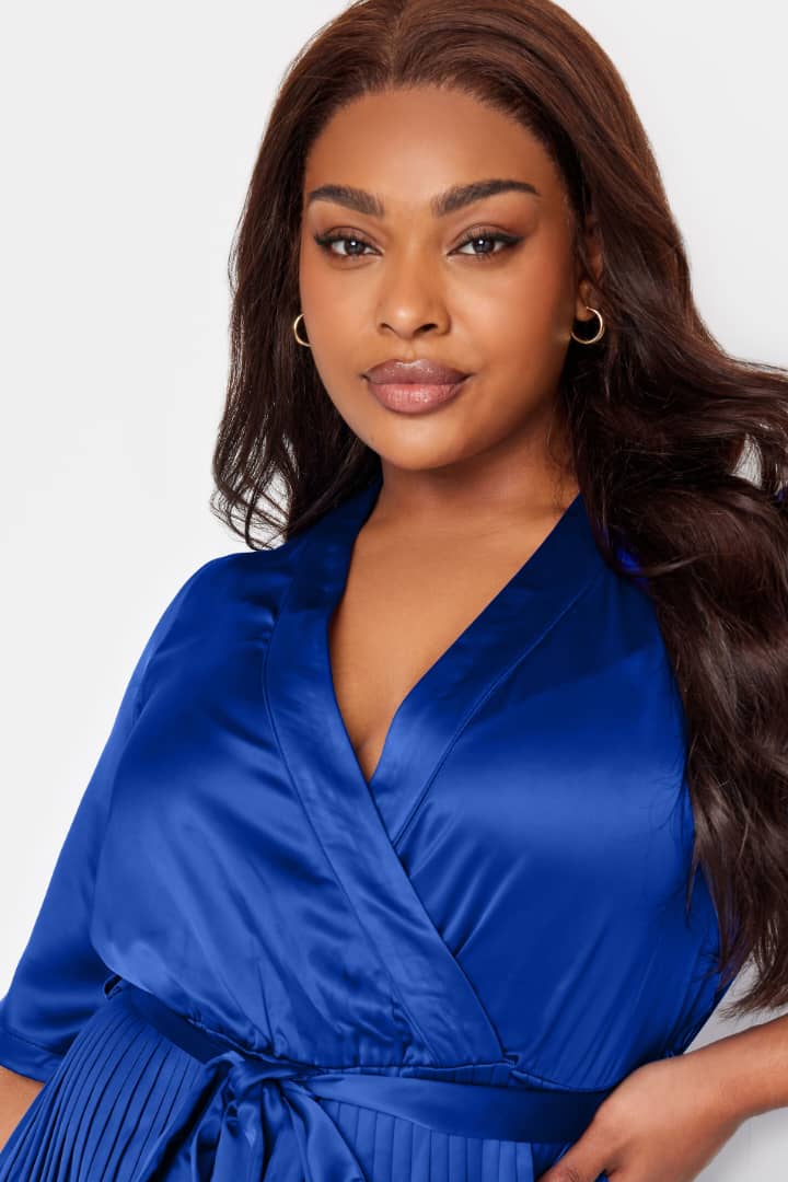 Curve Blue Satin Pleated Wrap Dress
