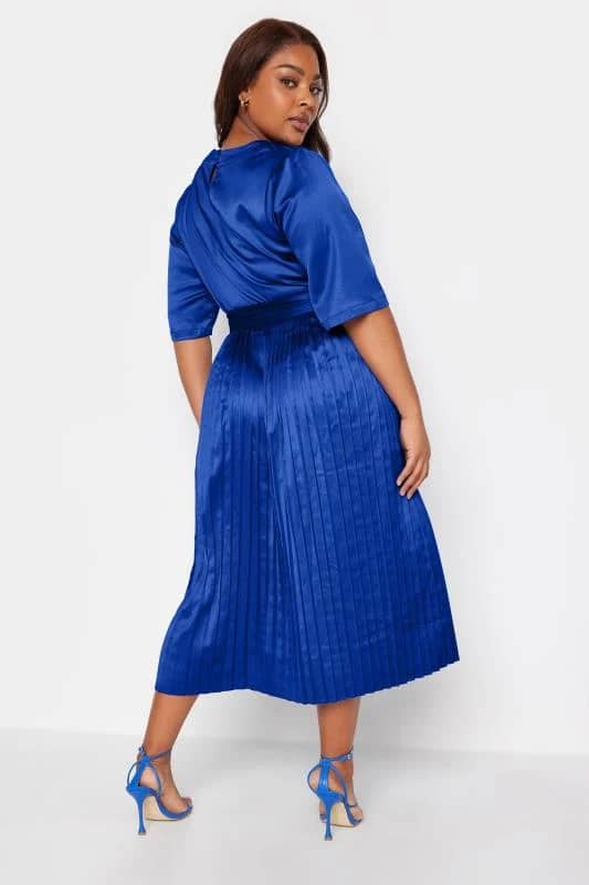 Curve Blue Satin Pleated Wrap Dress