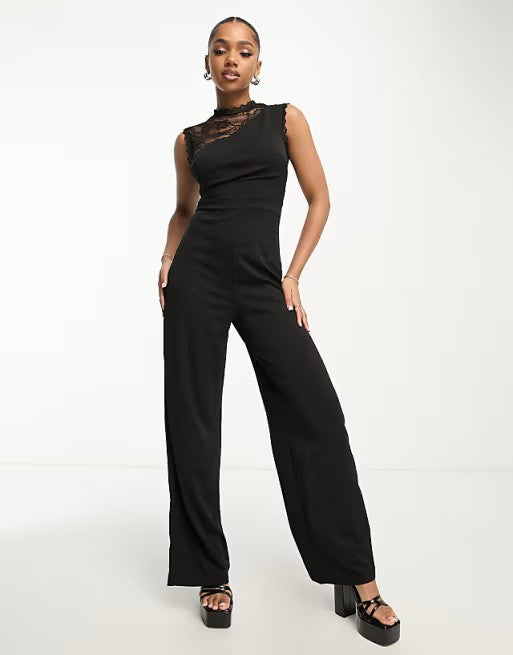 Wide Leg Jumpsuit With Lace Insert in Black