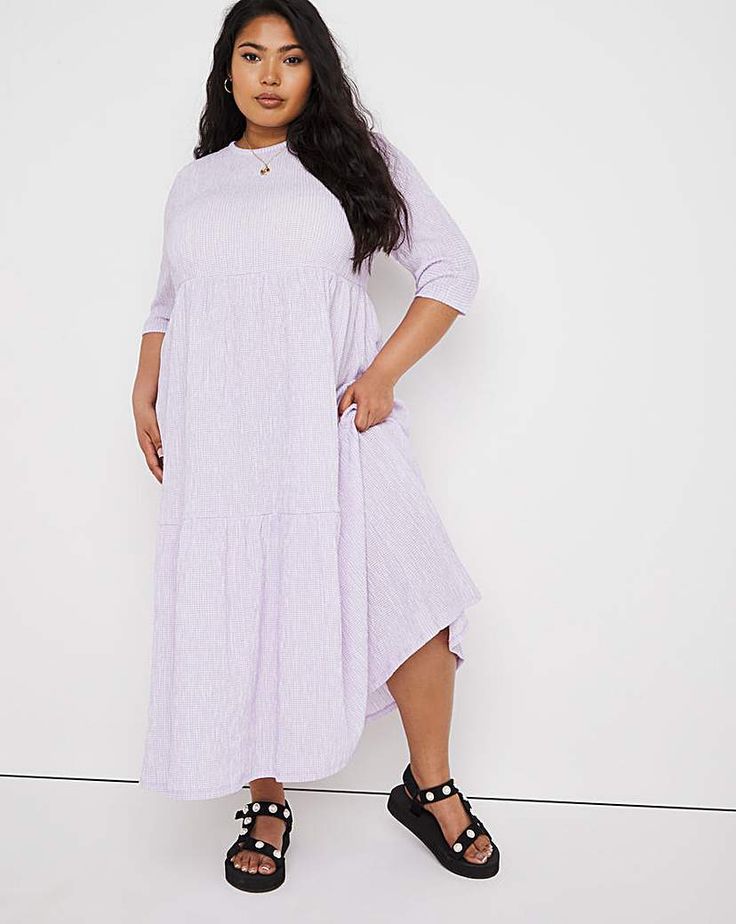 Lilac Gingham Waffle Tiered Midi Dress