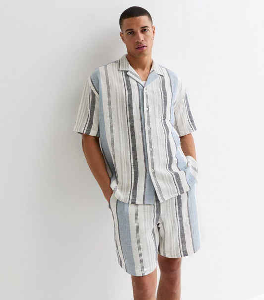 Blue Stripe Relaxed Fit Textured Cotton Shirt And Shorts Set