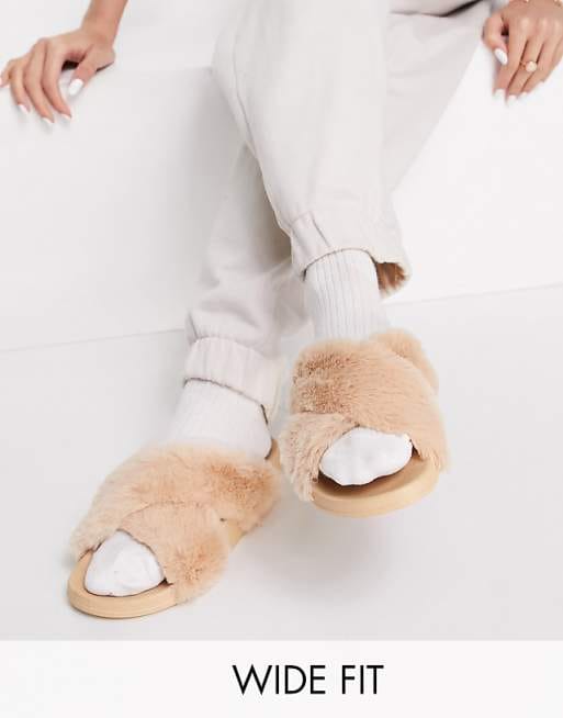 Neutral Fiona Wide Fit Cross Strap Furry Sliders