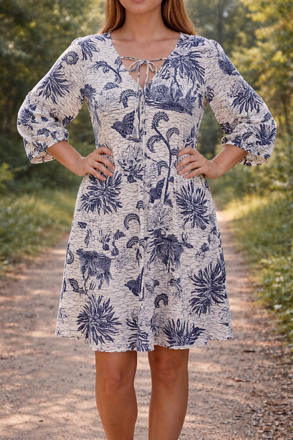 Off White & Navy 3/4 Sleeve Tiered Smock Dress