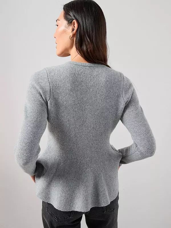Crew Neck Covered Button Peplum Cardigan-Grey