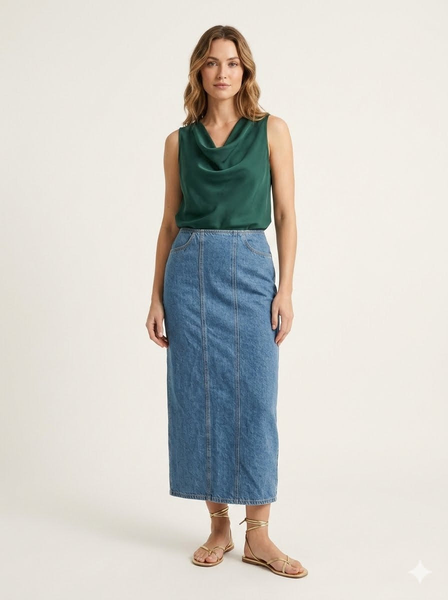 Denim Column Midi Skirt with Seam Detail.