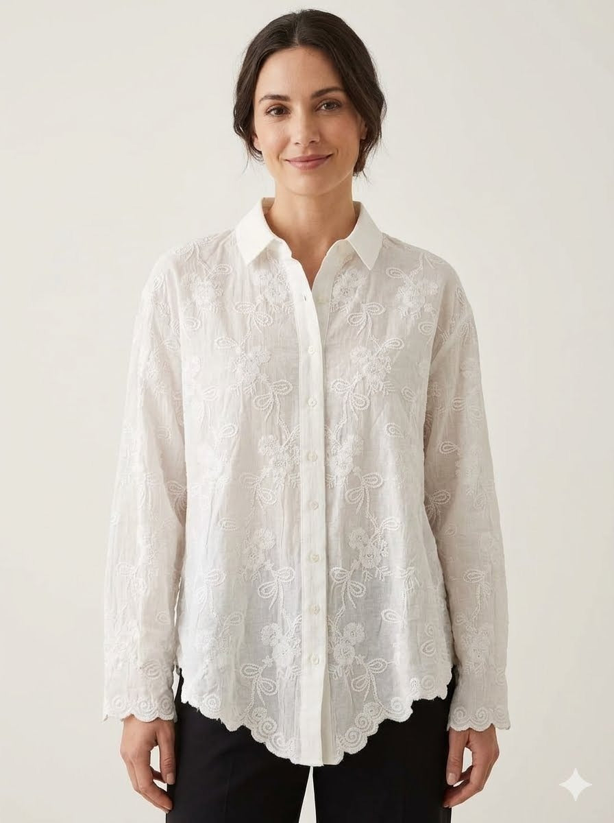 Cotton Floral Embroidered Shirt with Scalloped Rim