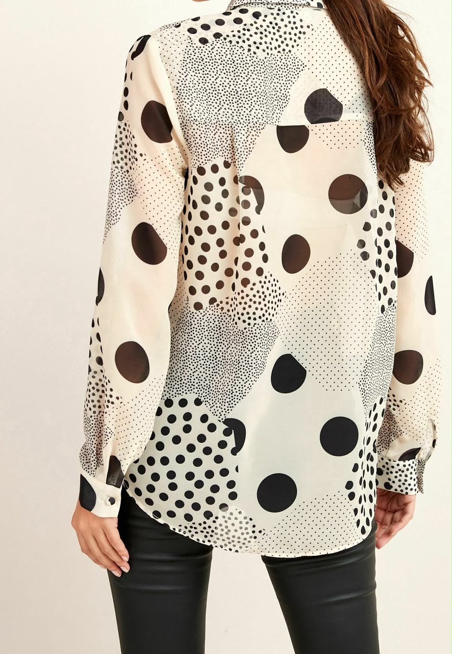 Petite White/Black Spot Print Long Sleeve Sheer Shirt