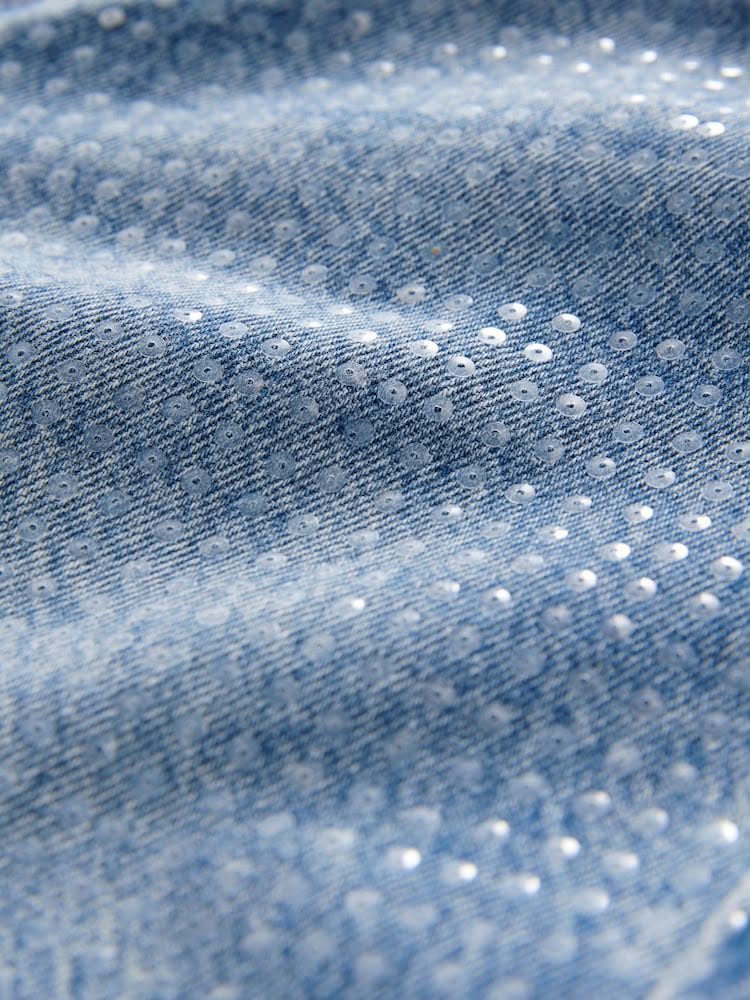 Petite Mid Blue Sequin Embellished wide Leg Jeans